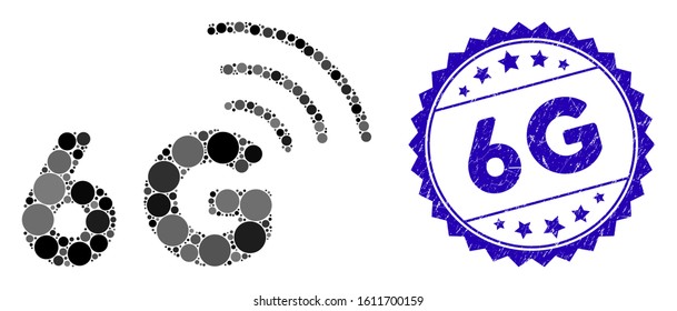Mosaic 6G icon and corroded stamp seal with 6G phrase. Mosaic vector is composed with 6G icon and with scattered circle items. 6G stamp seal uses blue color, and scratched design.