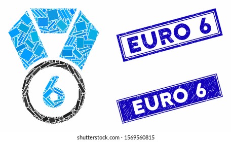 Mosaic 6th place medal pictogram and rectangular seal stamps. Flat vector 6th place medal mosaic icon of random rotated rectangular elements. Blue caption seal stamps with dirty surface.