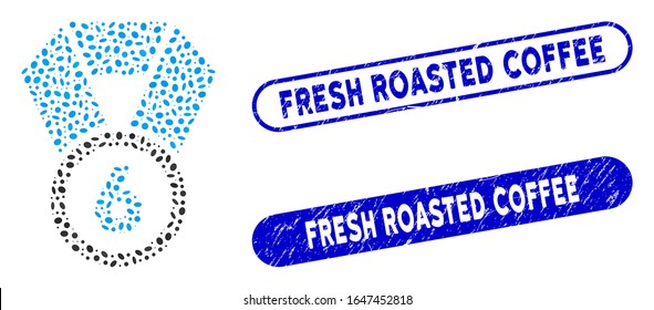 Mosaic 6th place medal and rubber stamp seals with Fresh Roasted Coffee caption. Mosaic vector 6th place medal is composed with randomized oval items. Fresh Roasted Coffee stamp seals use blue color,