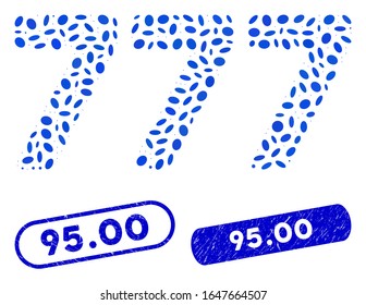 Mosaic 777 digits text and distressed stamp seals with 95.00 phrase. Mosaic vector 777 digits text is composed with scattered ellipse dots. 95.00 stamp seals use blue color,