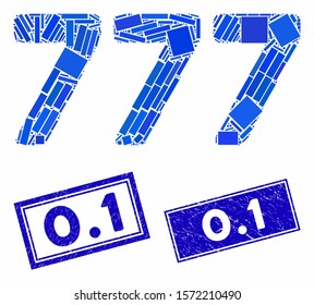 Mosaic 777 digits text icon and rectangle 0.1 stamps. Flat vector 777 digits text mosaic icon of randomized rotated rectangle elements. Blue 0.1 rubber stamps with distress textures.