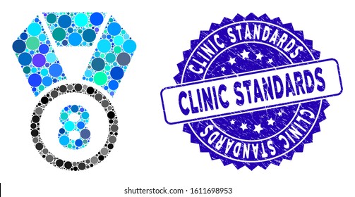 Mosaic 8th place medal icon and rubber stamp seal with Clinic Standards text. Mosaic vector is composed with 8th place medal icon and with randomized circle elements.