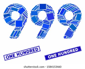 Mosaic 999 digits text icon and rectangle One Hundred rubber prints. Flat vector 999 digits text mosaic icon of randomized rotated rectangle items. Blue One Hundred rubber stamps with rubber textures.
