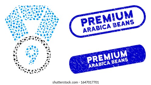 Mosaic 9th place medal and distressed stamp seals with Premium Arabica Beans text. Mosaic vector 9th place medal is composed with random ellipse parts.