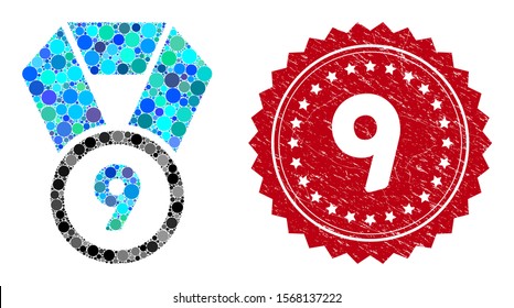 Mosaic 9th place medal and grunge stamp watermark with 9 caption. Mosaic vector is composed with 9th place medal icon and with scattered spheric items. 9 stamp seal uses red color, and dirty design.