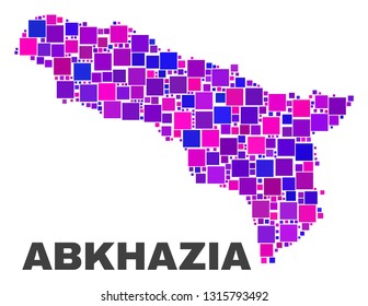 Mosaic Abkhazia map isolated on a white background. Vector geographic abstraction in pink and violet colors. Mosaic of Abkhazia map combined of random square items.