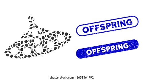 Mosaic aboard UFO and rubber stamp watermarks with Offspring text. Mosaic vector aboard UFO is created with randomized elliptic items. Offspring stamp seals use blue color,