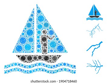 Mosaic aboard yacht organized from covid-2019 virus elements in various sizes and color hues. Vector viral elements are combined into abstract mosaic aboard yacht icon. Some bonus icons are added.