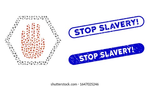 Mosaic abort hand and distressed stamp seals with Stop Slavery! phrase. Mosaic vector abort hand is composed with scattered ellipse dots. Stop Slavery! stamp seals use blue color,