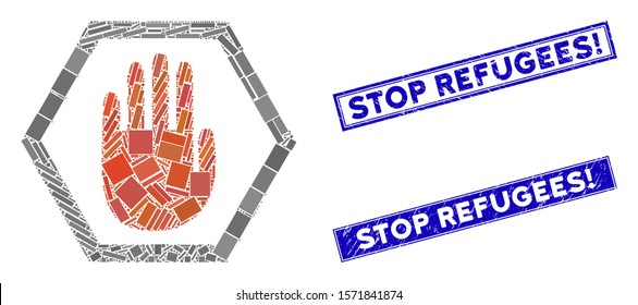 Mosaic abort hand icon and rectangle Stop Refugees! rubber prints. Flat vector abort hand mosaic icon of scattered rotated rectangle elements. Blue Stop Refugees! stamps with rubber texture.