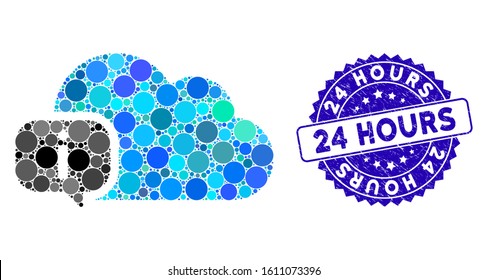 Mosaic about cloud icon and distressed stamp seal with 24 Hours caption. Mosaic vector is designed with about cloud pictogram and with random round spots. 24 Hours stamp seal uses blue color,