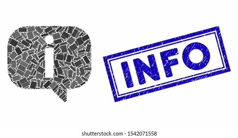 Mosaic about and corroded stamp seal with Info phrase. Mosaic vector about is composed with randomized rectangles. Info seal uses blue color.
