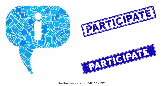Mosaic about icon and rectangle Participate rubber prints. Flat vector about mosaic icon of randomized rotated rectangle elements. Blue Participate rubber seals with distress texture.