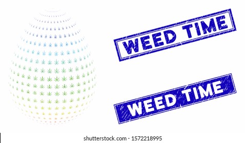 Mosaic abstract cannabis egg pictogram and rectangular Weed Time stamps. Flat vector abstract cannabis egg mosaic pictogram of scattered rotated rectangular items.