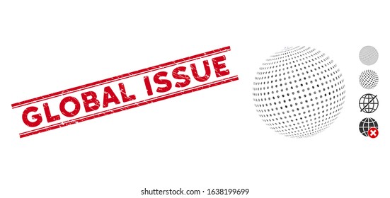 Mosaic abstract dot sphere pictogram and red Global Issue seal between double parallel lines. Flat vector abstract dot sphere mosaic icon of random rotated rectangular elements.