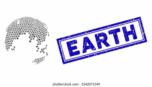 Mosaic abstract dotted earth globe and distressed stamp watermark with Earth text. Mosaic vector abstract dotted earth globe is created with scattered rectangle items.