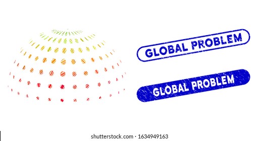Mosaic abstract dotted semi-sphere and corroded stamp seals with Global Problem text. Mosaic vector abstract dotted semi-sphere is designed with randomized rectangle items.