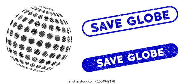 Mosaic abstract dotted sphere and distressed stamp seals with Save Globe text. Mosaic vector abstract dotted sphere is composed with random rectangle items. Save Globe seals use blue color,