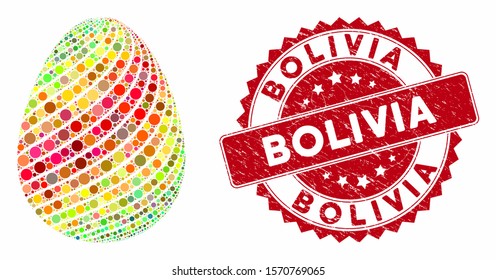 Mosaic abstract egg with diagonal stripes and corroded stamp watermark with Bolivia caption. Mosaic vector is formed with abstract egg with diagonal stripes icon and with randomized round items.