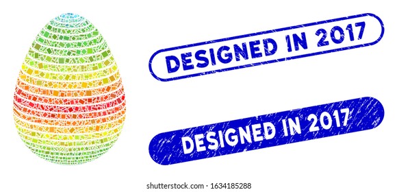 Mosaic abstract egg spectrum stripes and distressed stamp seals with Designed in 2017 caption. Mosaic vector abstract egg spectrum stripes is designed with randomized rectangle items.