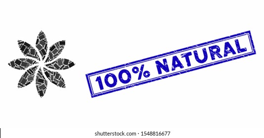Mosaic abstract flower and distressed stamp seal with 100% Natural text. Mosaic vector abstract flower is composed with randomized rectangles. 100% Natural stamp seal uses blue color.