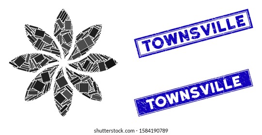 Mosaic abstract flower icon and rectangular Townsville seal stamps. Flat vector abstract flower mosaic icon of randomized rotated rectangular items. Blue Townsville seal stamps with distress surface.