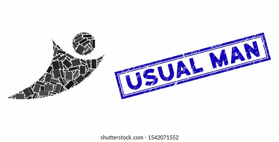 Mosaic abstract flying man and grunge stamp seal with Usual Man caption. Mosaic vector abstract flying man is composed with scattered rectangle items. Usual Man stamp seal uses blue color.