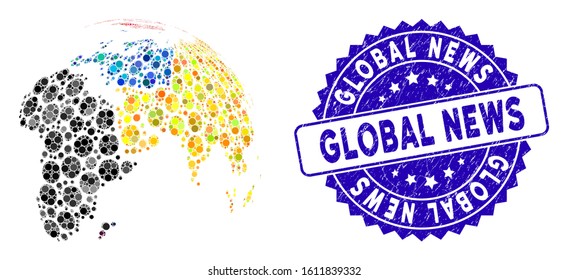 Mosaic Abstract Globe With Colored Dotted Continents Icon And Grunge Stamp Watermark With Global News Caption.