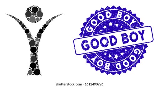 Mosaic abstract man icon and grunge stamp seal with Good Boy text. Mosaic vector is composed with abstract man icon and with randomized circle spots. Good Boy seal uses blue color,
