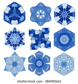 Mosaic abstract patterns in the form of blue crystals and ice