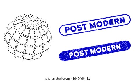 Mosaic abstract sphere grid and rubber stamp seals with Post Modern text. Mosaic vector abstract sphere grid is designed with scattered ellipse dots. Post Modern stamp seals use blue color,