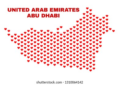 Mosaic Abu Dhabi Emirate map of love hearts in red color isolated on a white background. Regular red heart pattern in shape of Abu Dhabi Emirate map. Abstract design for Valentine illustrations.