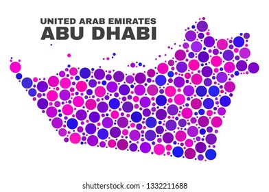 Mosaic Abu Dhabi Emirate map isolated on a white background. Vector geographic abstraction in pink and violet colors. Mosaic of Abu Dhabi Emirate map combined of scattered round points.