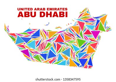 Mosaic Abu Dhabi Emirate map of triangles in bright colors isolated on a white background. Triangular collage in shape of Abu Dhabi Emirate map. Abstract design for patriotic decoration.