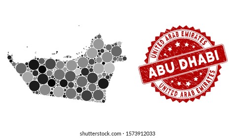 Mosaic Abu Dhabi Emirate map and round seal stamp. Flat vector Abu Dhabi Emirate map mosaic of scattered spheric elements. Red rubber seal with rubber surface.