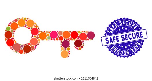 Mosaic access key icon and rubber stamp seal with Safe Secure text. Mosaic vector is created with access key icon and with randomized circle spots. Safe Secure stamp seal uses blue color,