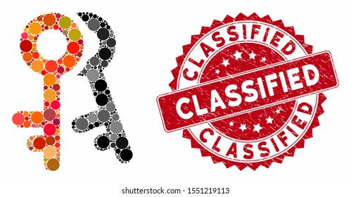 Mosaic access keys and grunge stamp seal with Classified text. Mosaic vector is created from access keys icon and with scattered circle items. Classified stamp seal uses red color, and rubber design.