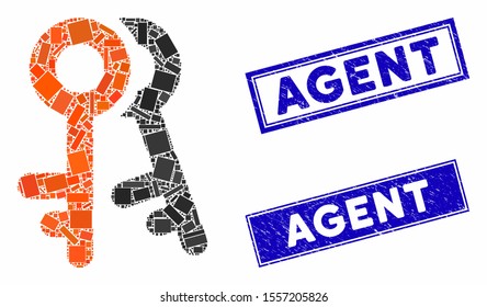 Mosaic access keys pictogram and rectangle seals. Flat vector access keys mosaic icon of randomized rotated rectangle elements. Blue caption seals with grunge surface.