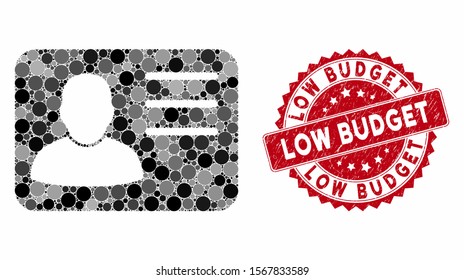 Mosaic account card and grunge stamp seal with Low Budget phrase. Mosaic vector is formed with account card icon and with randomized spheric elements. Low Budget stamp seal uses red color,