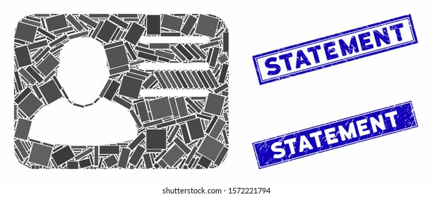 Mosaic account card pictogram and rectangular Statement seal stamps. Flat vector account card mosaic pictogram of scattered rotated rectangular elements. Blue Statement stamps with scratched textures.