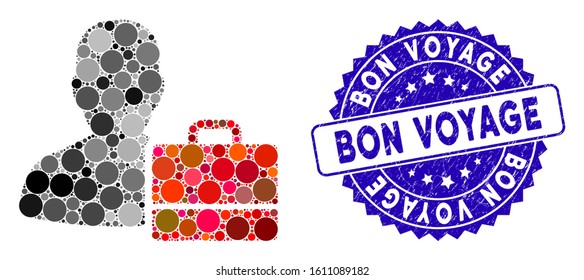 Mosaic accounter icon and distressed stamp seal with Bon Voyage caption. Mosaic vector is composed with accounter icon and with random circle elements. Bon Voyage seal uses blue color,