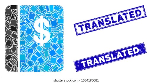 Mosaic accounting book pictogram and rectangular Translated seal stamps. Flat vector accounting book mosaic pictogram of randomized rotated rectangular elements.