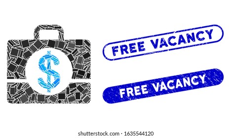 Mosaic accounting case and corroded stamp seals with Free Vacancy text. Mosaic vector accounting case is formed with random rectangle items. Free Vacancy stamp seals use blue color,