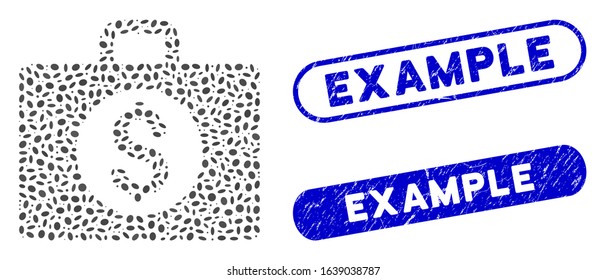 Mosaic accounting case and distressed stamp seals with Example caption. Mosaic vector accounting case is formed with random oval items. Example stamp seals use blue color,