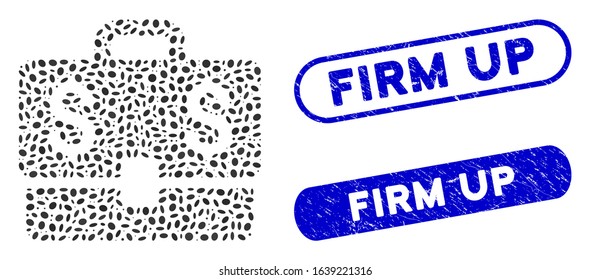 Mosaic accounting case and distressed stamp seals with Firm Up phrase. Mosaic vector accounting case is created with randomized ellipse spots. Firm Up stamp seals use blue color,