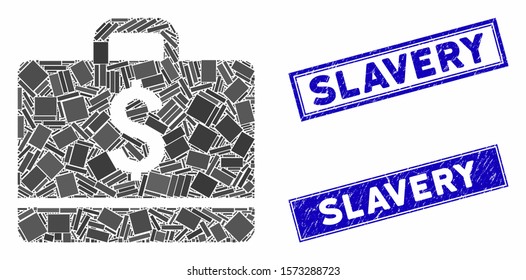 Mosaic accounting icon and rectangular Slavery seal stamps. Flat vector accounting mosaic icon of randomized rotated rectangular items. Blue Slavery stamps with scratched texture.