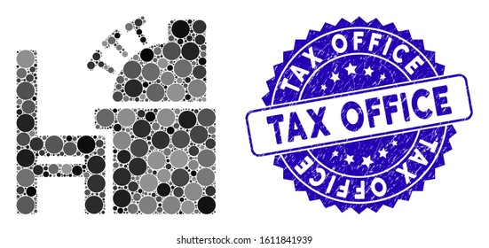 Mosaic accounting office icon and rubber stamp seal with Tax Office phrase. Mosaic vector is formed with accounting office icon and with random spheric spots. Tax Office seal uses blue color,