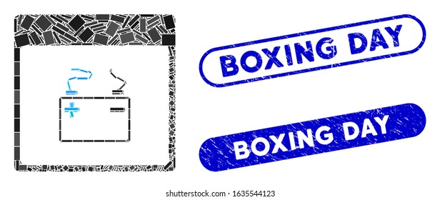 Mosaic accumulator calendar page and distressed stamp watermarks with Boxing Day caption. Mosaic vector accumulator calendar page is designed with random rectangle items.