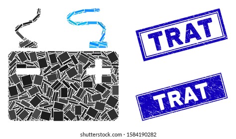 Mosaic accumulator pictogram and rectangular Trat seal stamps. Flat vector accumulator mosaic pictogram of randomized rotated rectangular items. Blue Trat seal stamps with grunged surface.