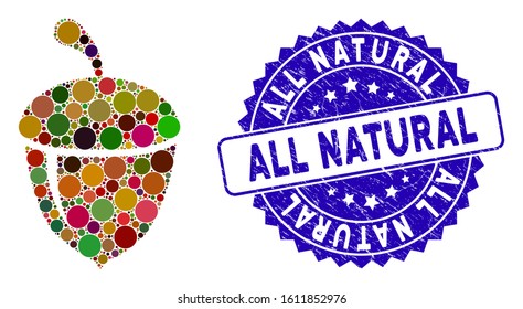 Mosaic acorn icon and grunge stamp watermark with All Natural caption. Mosaic vector is composed with acorn icon and with randomized round items. All Natural stamp seal uses blue color,